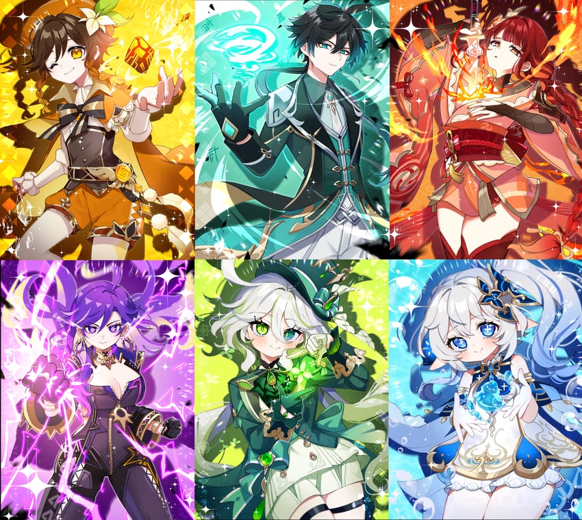 raiden shogun, furina, nahida, zhongli, venti, and 1 more (genshin impact) drawn by oishii_sasa