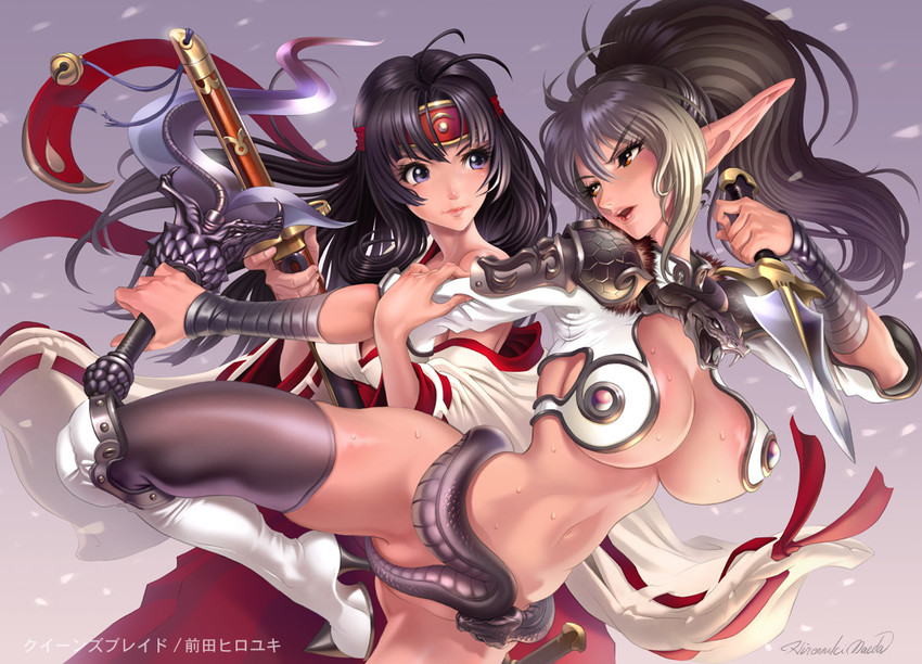 tomoe, musha miko tomoe, echidna, and veteran mercenary echidna (queen's blade) drawn by maeda_hiroyuki
