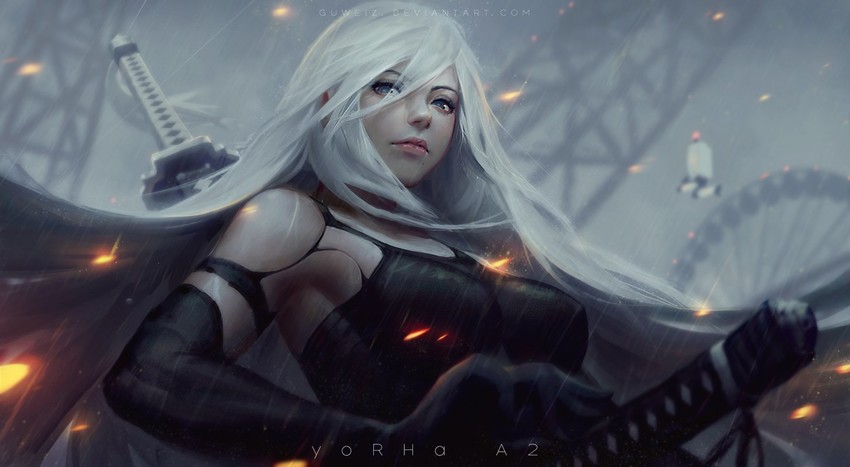 pod and a2 (nier and 1 more) drawn by guweiz