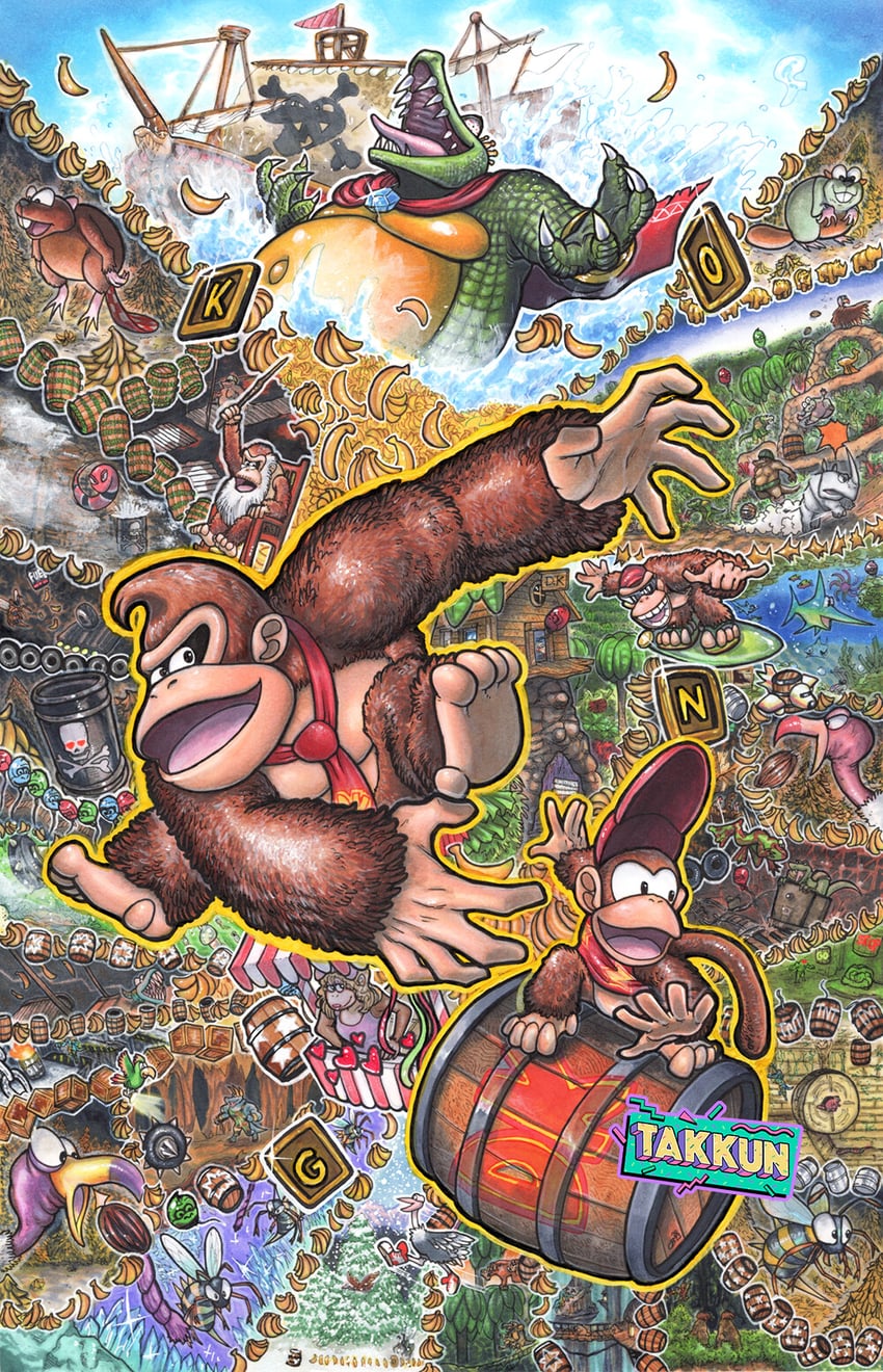 donkey kong, diddy kong, king k. rool, funky kong, cranky kong, and 8 more (donkey kong and 1 more) drawn by takkun_(takkun_art)