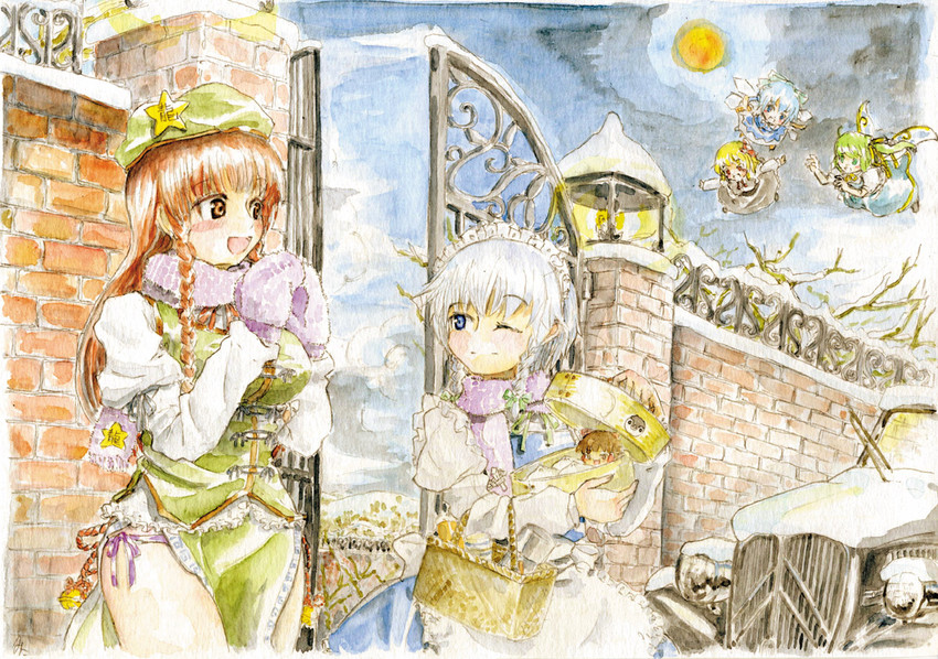 hakurei reimu, izayoi sakuya, cirno, hong meiling, rumia, and 2 more (touhou and 2 more) drawn by master_(4th)