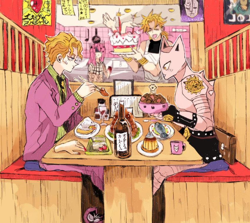 dio brando, kira yoshikage, diavolo, killer queen, and stray cat (jojo no kimyou na bouken and 6 more) drawn by sahau228
