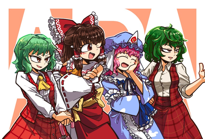 hakurei reimu, saigyouji yuyuko, kazami yuuka, kanna, akira, and 2 more (touhou and 1 more) drawn by amerika_zarigani