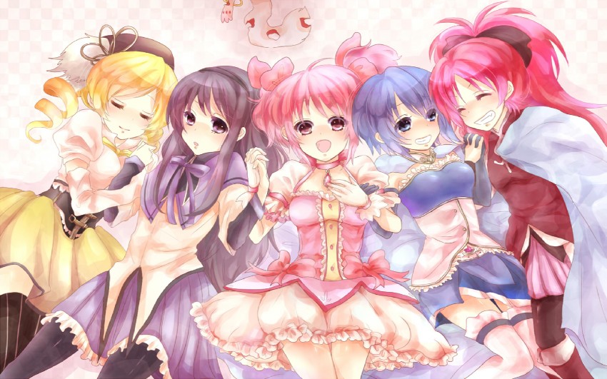 akemi homura, kaname madoka, miki sayaka, sakura kyoko, tomoe mami, and 1 more (mahou shoujo madoka magica) drawn by beniko88