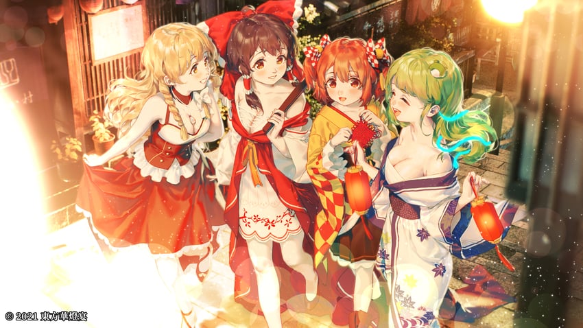 hakurei reimu, kirisame marisa, kochiya sanae, and motoori kosuzu (touhou) drawn by congming_lan