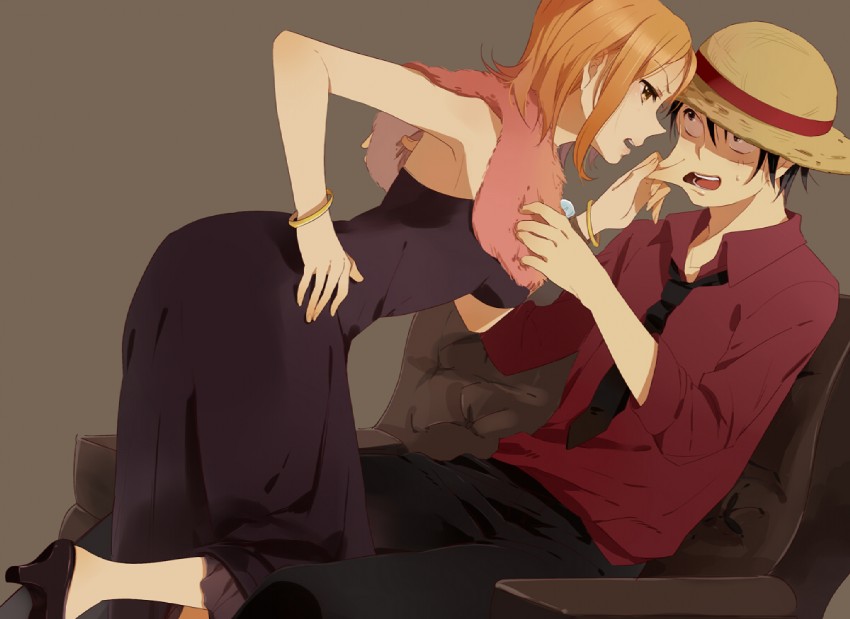 nami and monkey d. luffy (one piece and 1 more) drawn by karuha