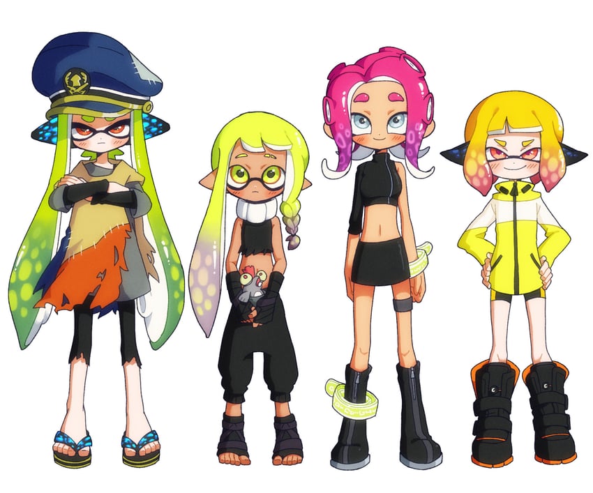 inkling player character, inkling girl, octoling player character, octoling girl, agent 8, and 4 more (splatoon and 4 more) drawn by kitnoko