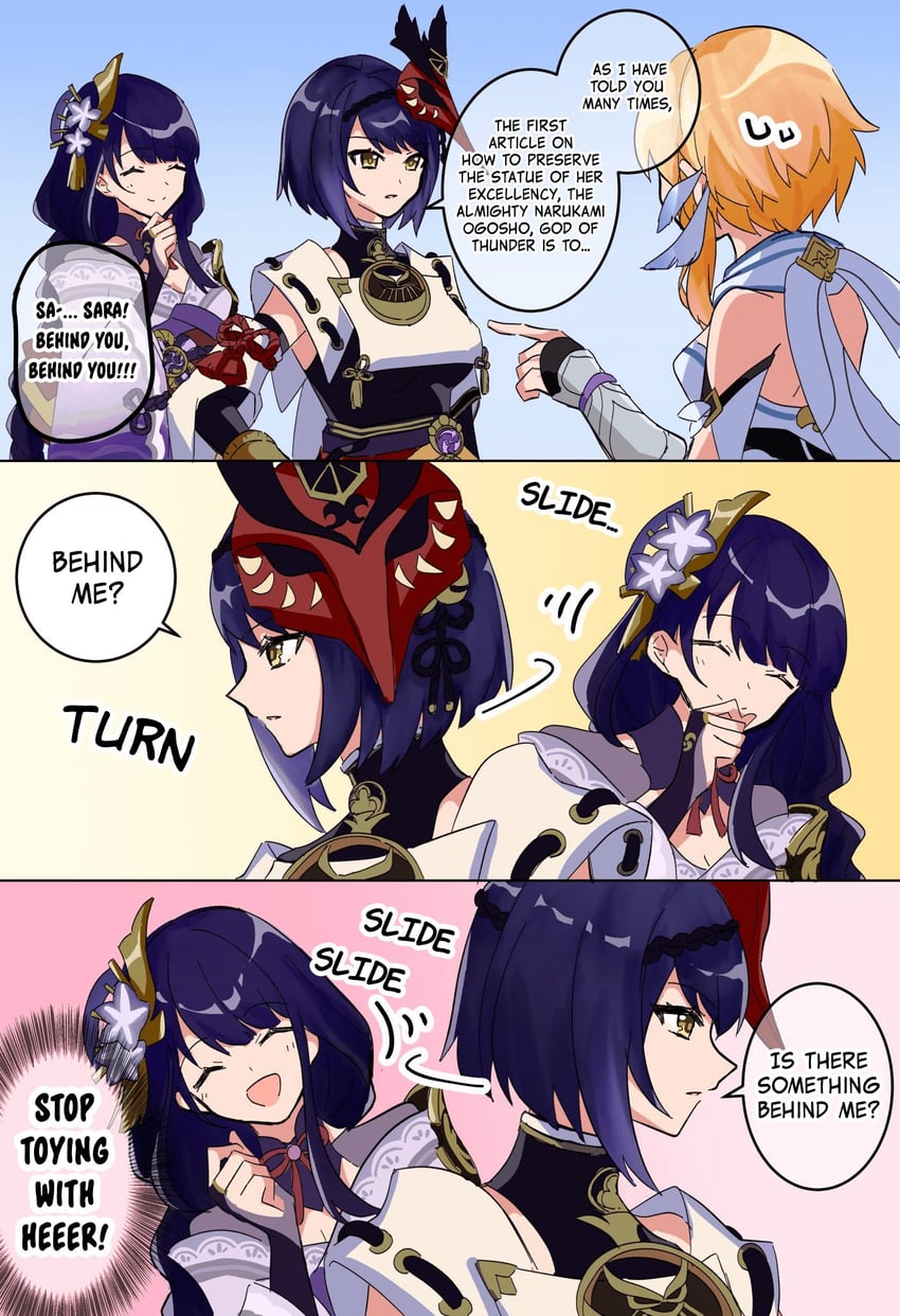 lumine, raiden shogun, and kujou sara (genshin impact) drawn by ryokukablog
