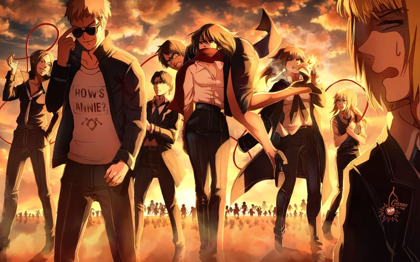 mikasa ackerman, eren yeager, levi, krista lenz, ymir, and 3 more (shingeki no kyojin) drawn by cherry_in_the_sun
