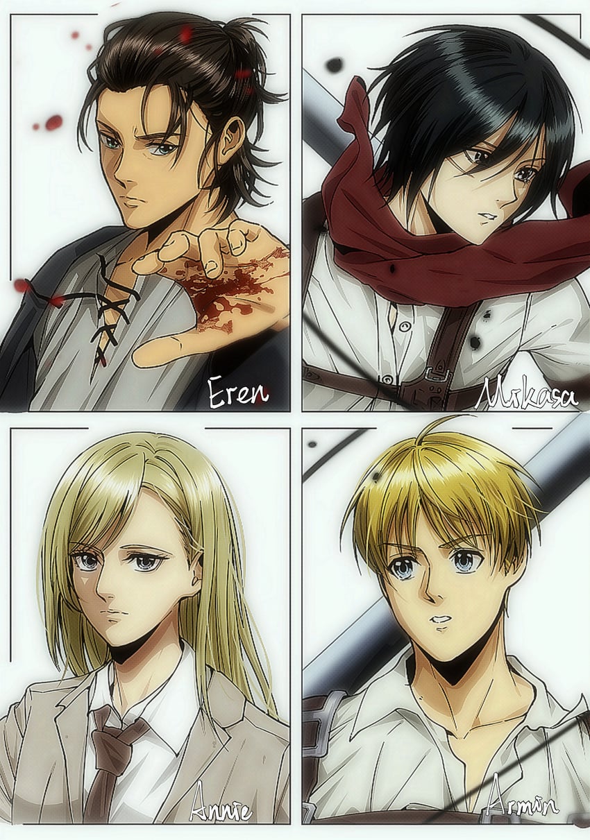 mikasa ackerman, eren yeager, armin arlert, and annie leonhart (shingeki no kyojin) drawn by niku_(ni23ku)