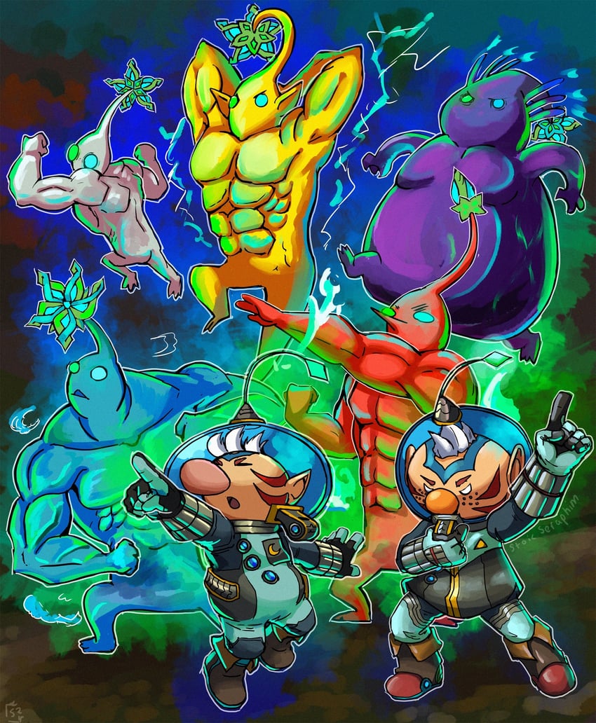 red pikmin, olimar, yellow pikmin, blue pikmin, purple pikmin, and 3 more (the legend of zelda and 3 more) drawn by stoic_seraphim