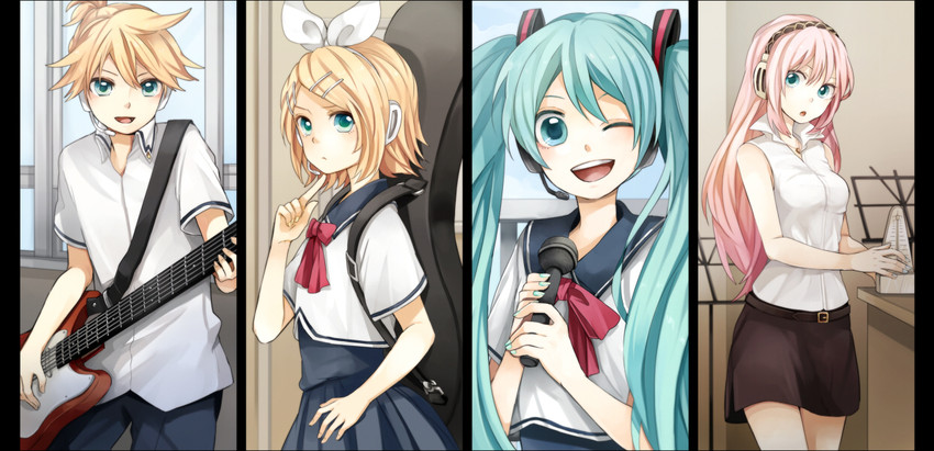 hatsune miku, kagamine rin, kagamine len, and megurine luka (vocaloid and 2 more) drawn by tama_(songe)