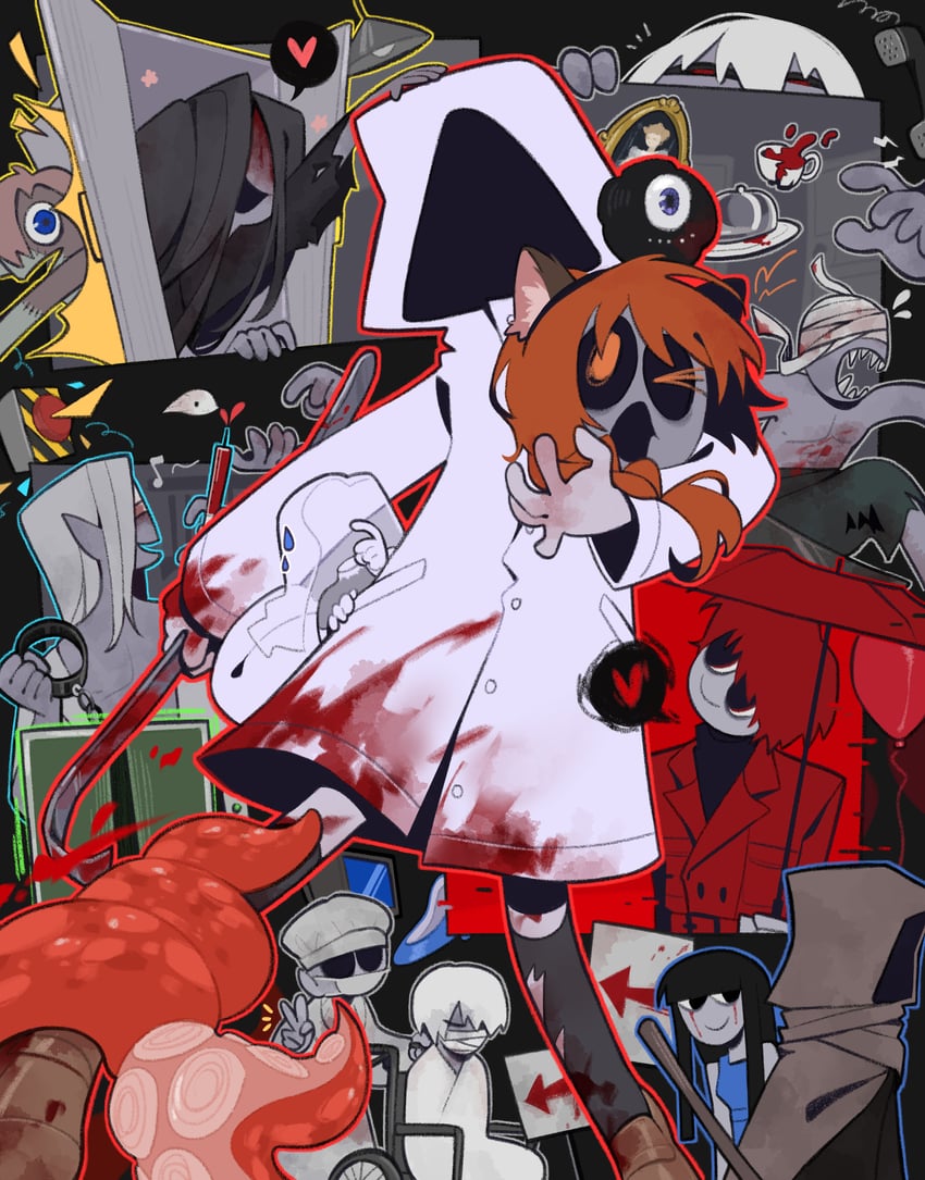 heroine, mr. crawling, mr. scarletella, mr. silvair, mr. hood, and 11 more (homicipher) drawn by chlorenw