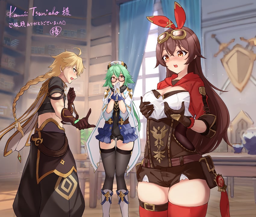 aether, amber, and sucrose (genshin impact) drawn by tsubaki_batake