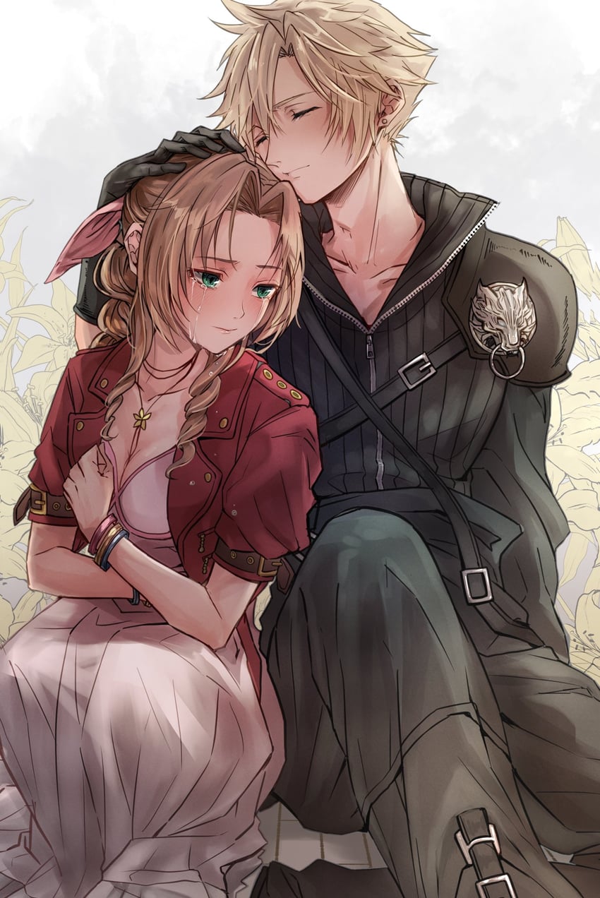 cloud strife, aerith gainsborough, and fenrir (final fantasy and 3 more) drawn by 26caaan