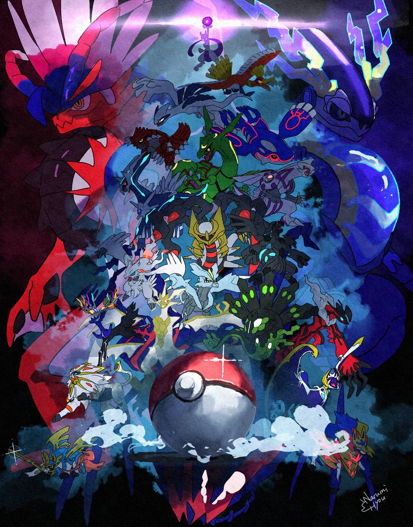 mewtwo, giratina, lugia, reshiram, rayquaza, and 18 more (pokemon) drawn by narumi_hyou