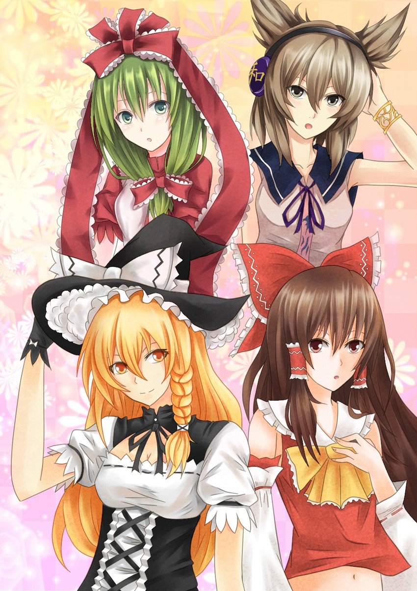 hakurei reimu, kirisame marisa, kagiyama hina, and toyosatomimi no miko (touhou) drawn by yuuki_koutarou