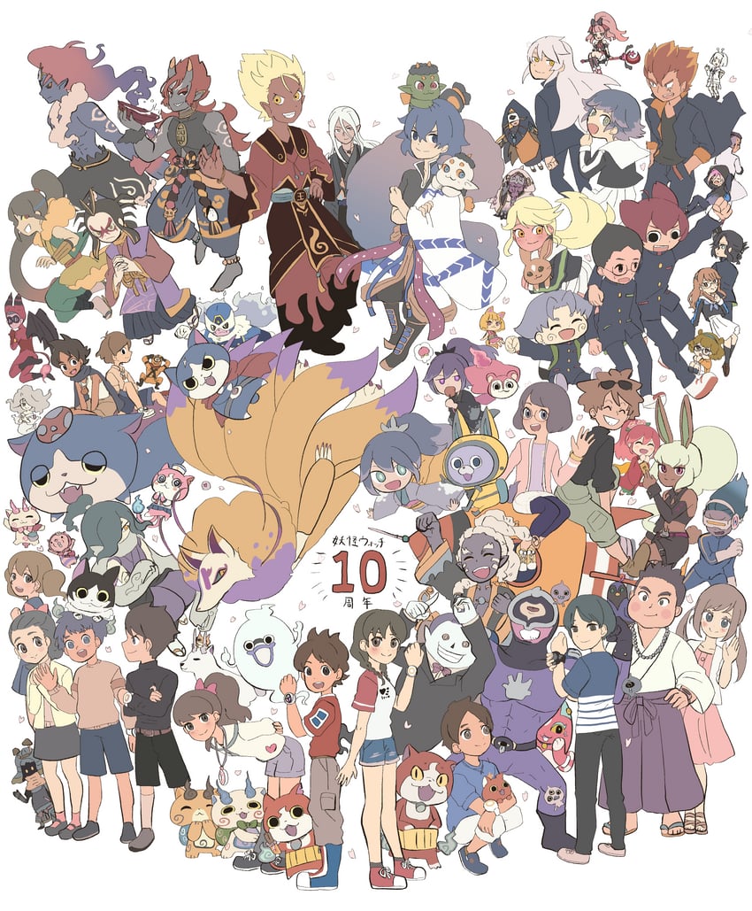 jibanyan, komasan, whisper, amano keita, kodama fumika, and 18 more (youkai watch and 3 more) drawn by 1101080p