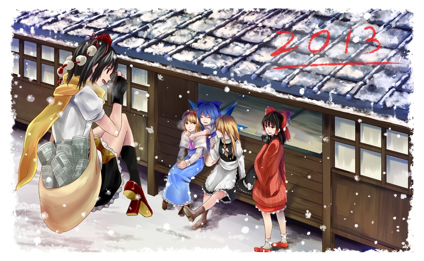 hakurei reimu, kirisame marisa, alice margatroid, cirno, and shameimaru aya (touhou) drawn by michimaru_(michi)