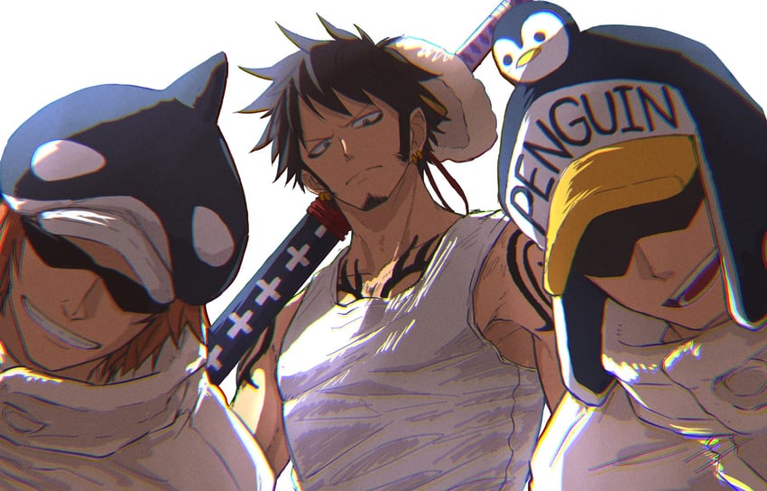 trafalgar law, penguin, and shachi (one piece) drawn by koma_heron