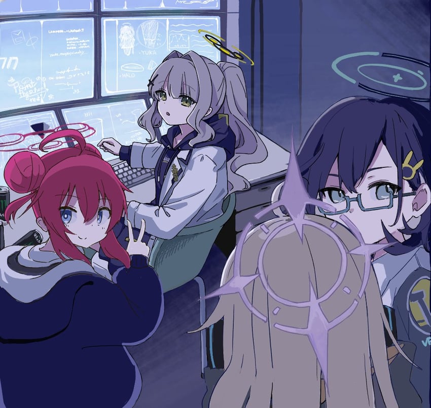 maki, hare, chihiro, and kotama (blue archive) drawn by almira_valkyrie, nifuji, and youbi_(0ver_sd)