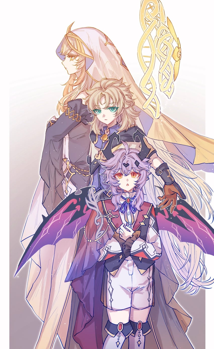 albedo, mini durin, and rhinedottir (genshin impact) drawn by rainbowsugarflower