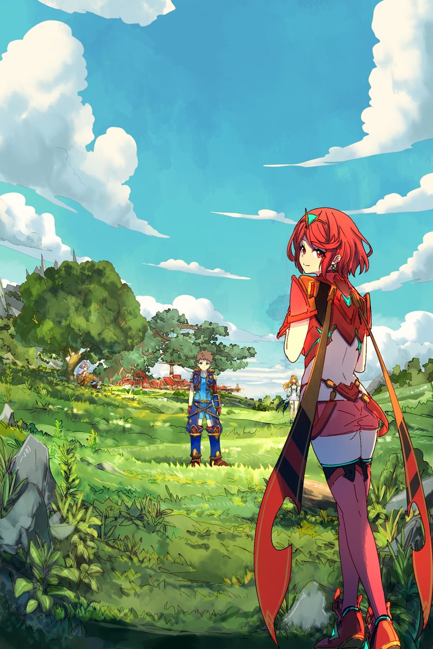 pyra, mythra, nia, and rex (xenoblade chronicles and 1 more) drawn by poteto_(potetosarada123)