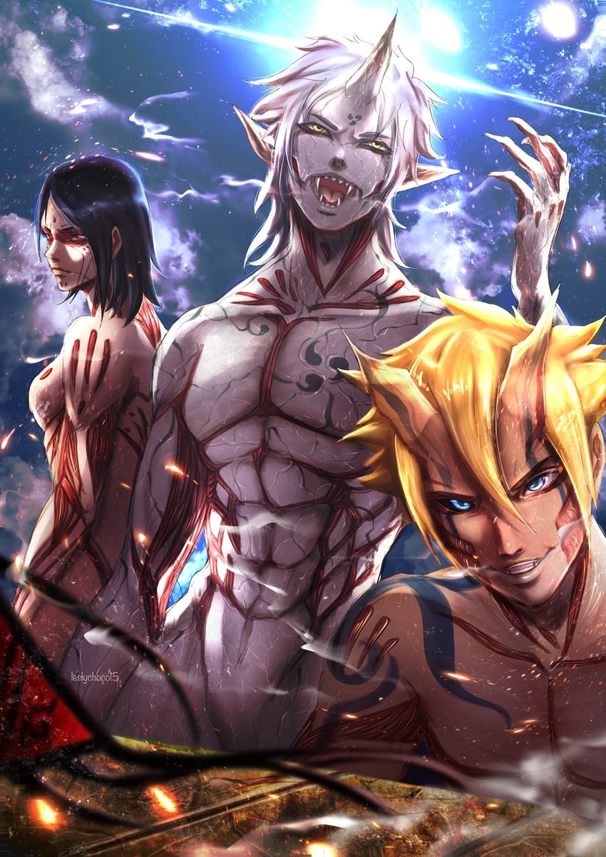 uchiha sarada, uzumaki boruto, and mitsuki (naruto and 2 more) drawn by leslychoco15