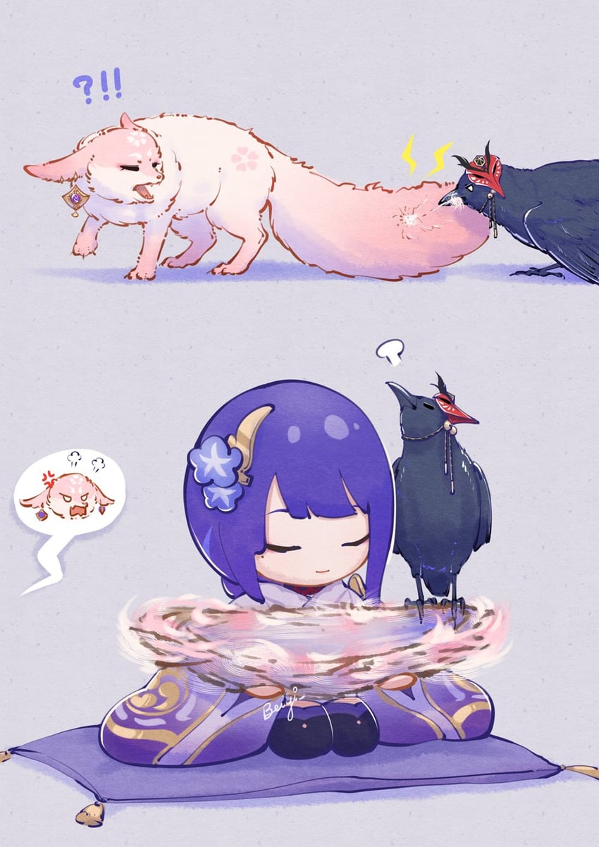 raiden shogun, yae miko, and kujou sara (genshin impact) drawn by beiyi