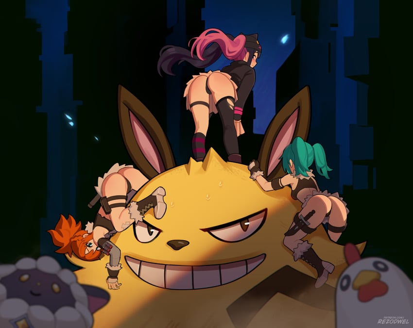 zoe rayne, lamball, grizzbolt, and chikipi (palworld) drawn by rezodwel