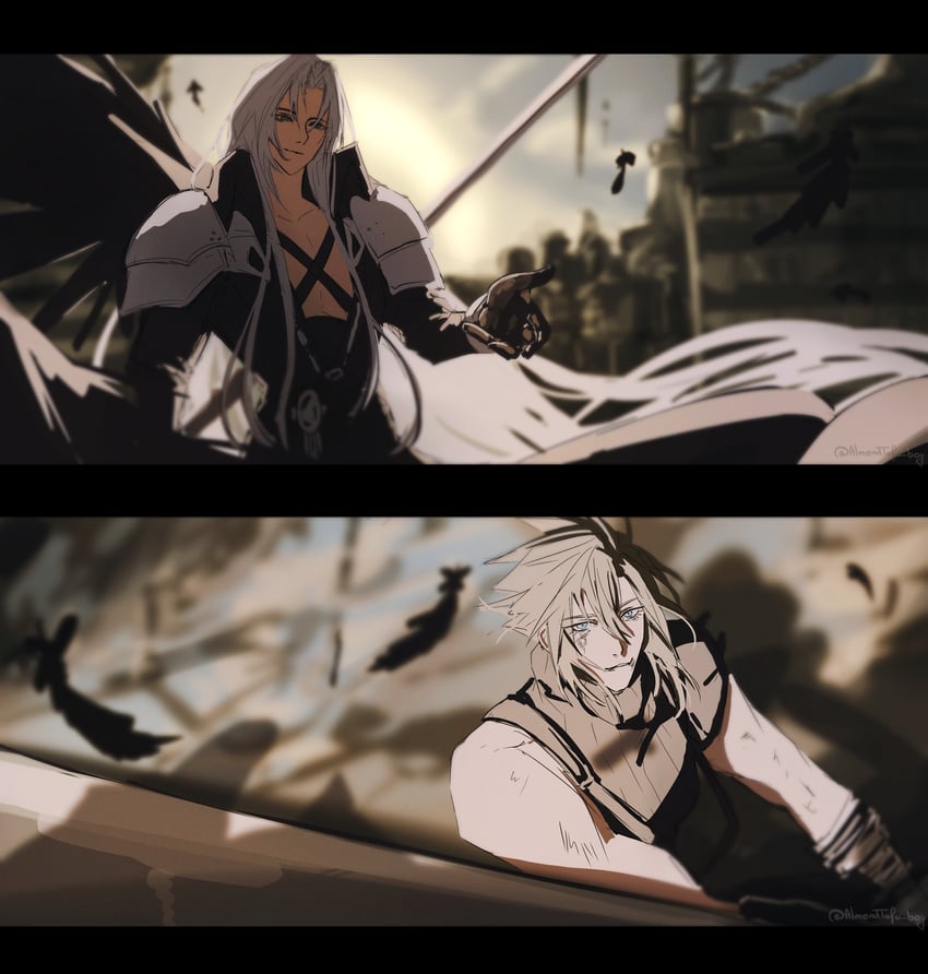 cloud strife and sephiroth (final fantasy and 2 more) drawn by almondtofu_boy