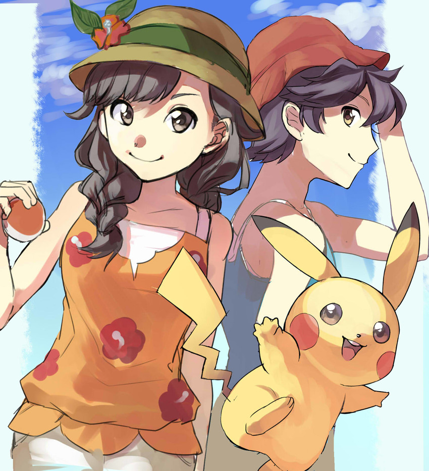 pikachu, selene, and elio (pokemon and 1 more) drawn by yu_(mekeneko1998)