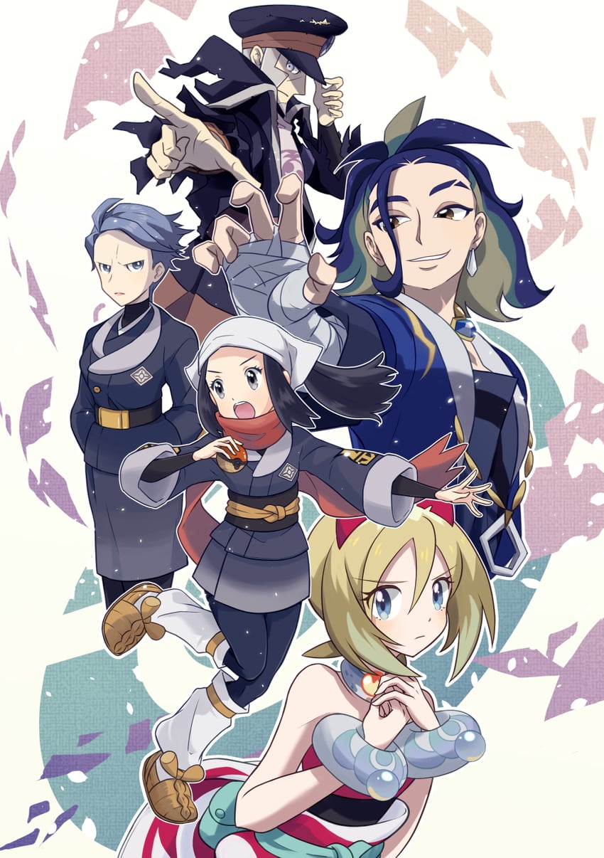 akari, irida, ingo, adaman, and cyllene (pokemon and 1 more) drawn by sasami_642