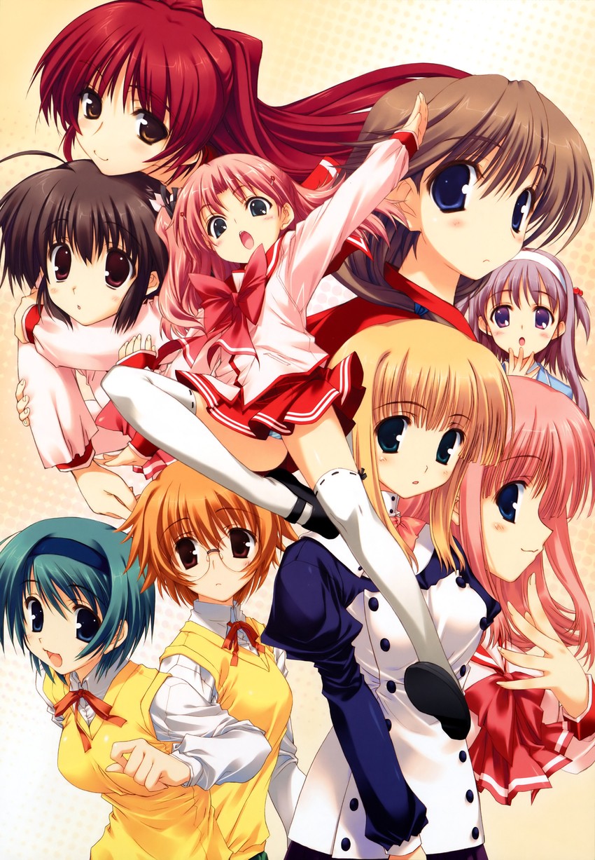 kousaka tamaki, yuzuhara konomi, maaryan, komaki ikuno, yoshioka chie, and 5 more (to heart and 2 more) drawn by amazuyu_tatsuki, kawata_hisashi, and mitsumi_misato