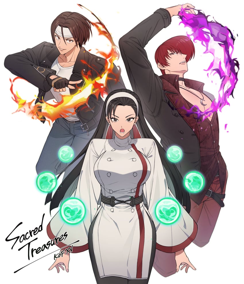 yagami iori, kusanagi kyou, and kagura chizuru (the king of fighters and 1 more) drawn by lvemhrd