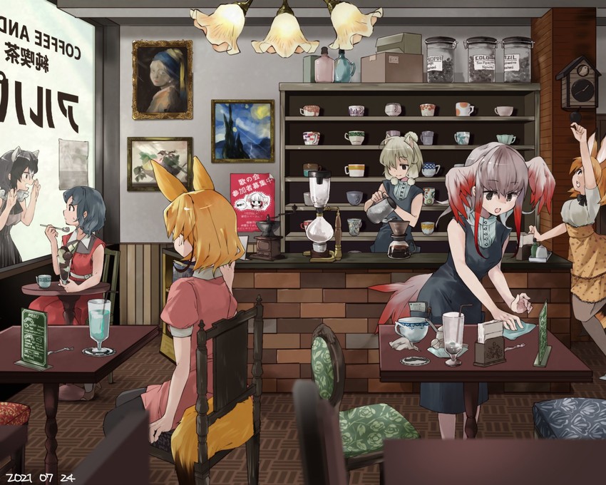 serval, kaban, common raccoon, fennec, japanese crested ibis, and 1 more (kemono friends) drawn by nanana_(nanana_iz)