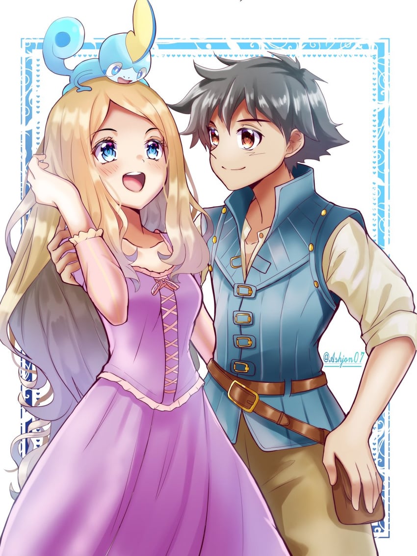 ash ketchum, serena, sobble, rapunzel, and flynn rider (pokemon and 2 more) drawn by ashujou
