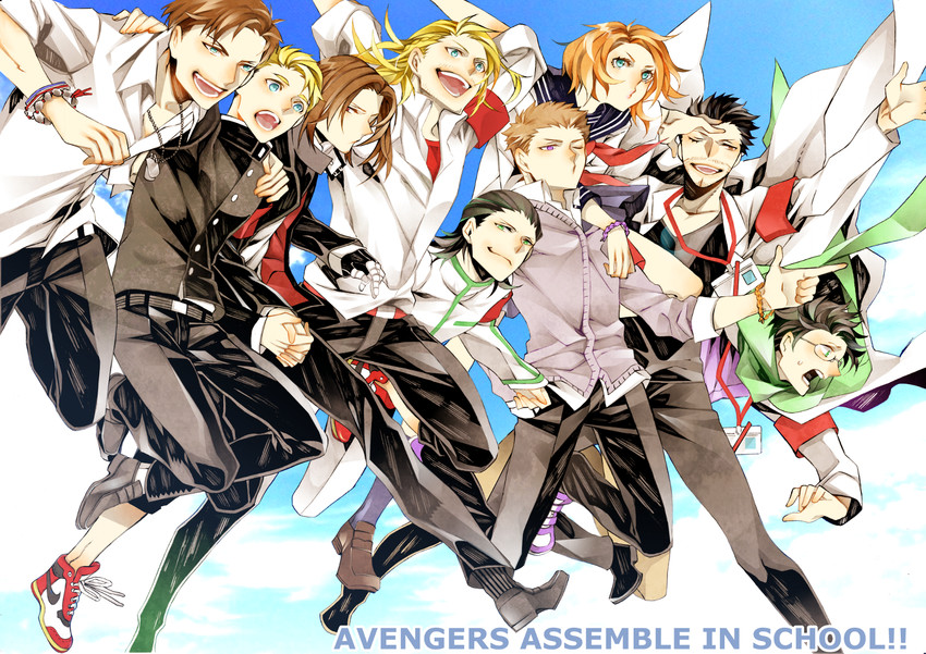 steve rogers, tony stark, bucky barnes, thor, loki, and 4 more (marvel and 2 more) drawn by tougou_kazuki