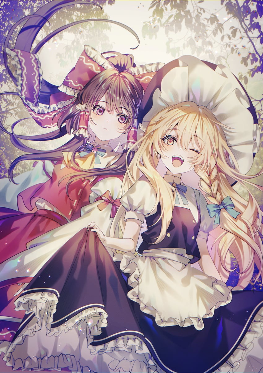 hakurei reimu and kirisame marisa (touhou) drawn by here_(hr_rz_ggg)