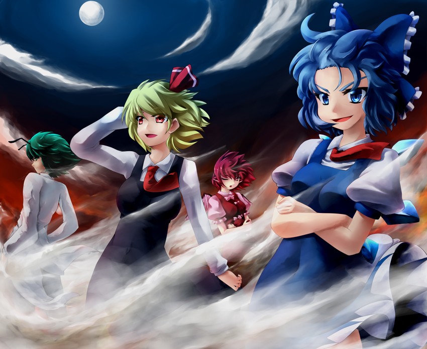 cirno, rumia, mystia lorelei, and wriggle nightbug (touhou) drawn by shiromiza_kana