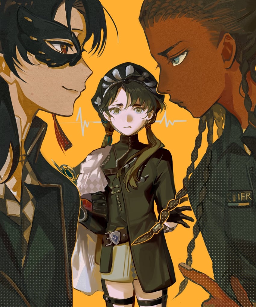liang yue, poitier, and black ibis (reverse:1999) drawn by komeokun