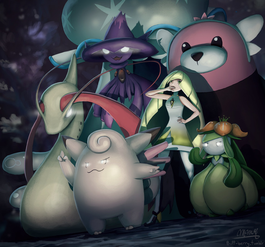 lusamine, milotic, mismagius, lilligant, nihilego, and 2 more (pokemon and 1 more) drawn by mcgmark