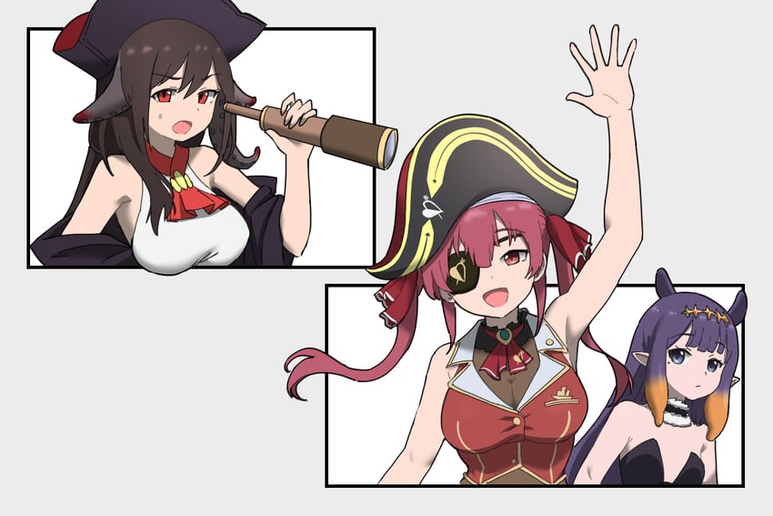 houshou marine, ninomae ina'nis, and royal fortune (hololive and 2 more) drawn by parallelrey