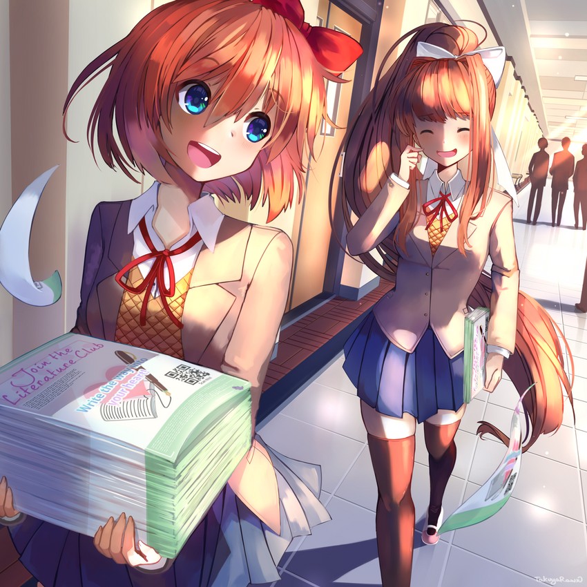 monika and sayori (doki doki literature club) drawn by takuyarawr