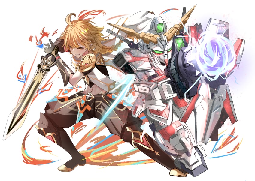 aether and unicorn gundam (genshin impact and 1 more) drawn by bimmy