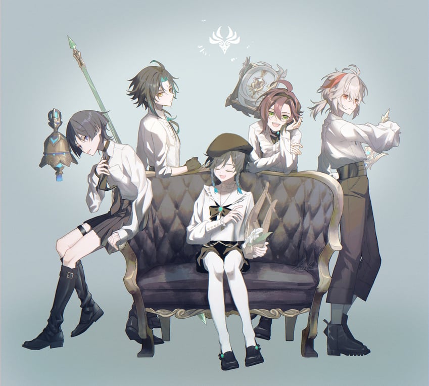 scaramouche, venti, xiao, kaedehara kazuha, and shikanoin heizou (genshin impact) drawn by saiki_(leosetunakia)