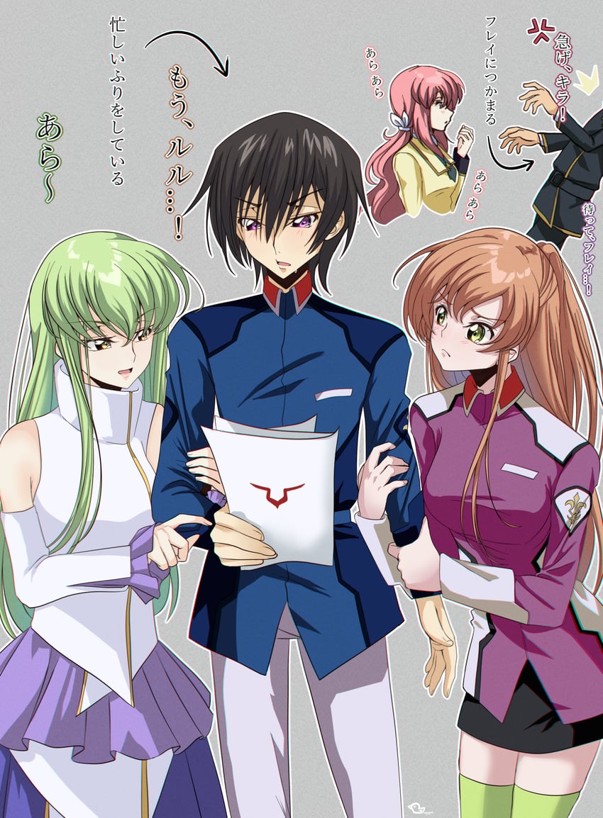 c.c., lelouch vi britannia, lacus clyne, kira yamato, shirley fenette, and 1 more (gundam and 3 more) drawn by budgiepon
