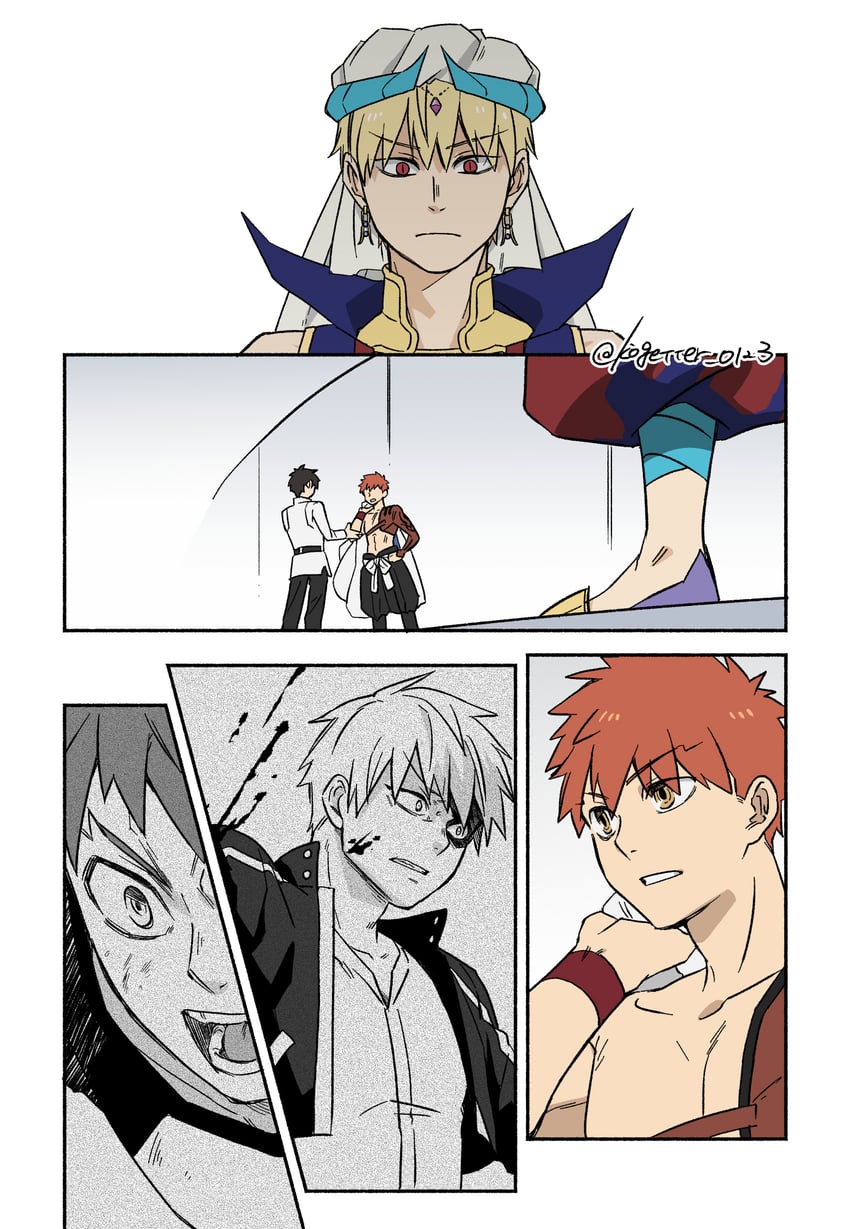 fujimaru ritsuka, emiya shirou, and gilgamesh (fate and 3 more) drawn by moonlight_0423