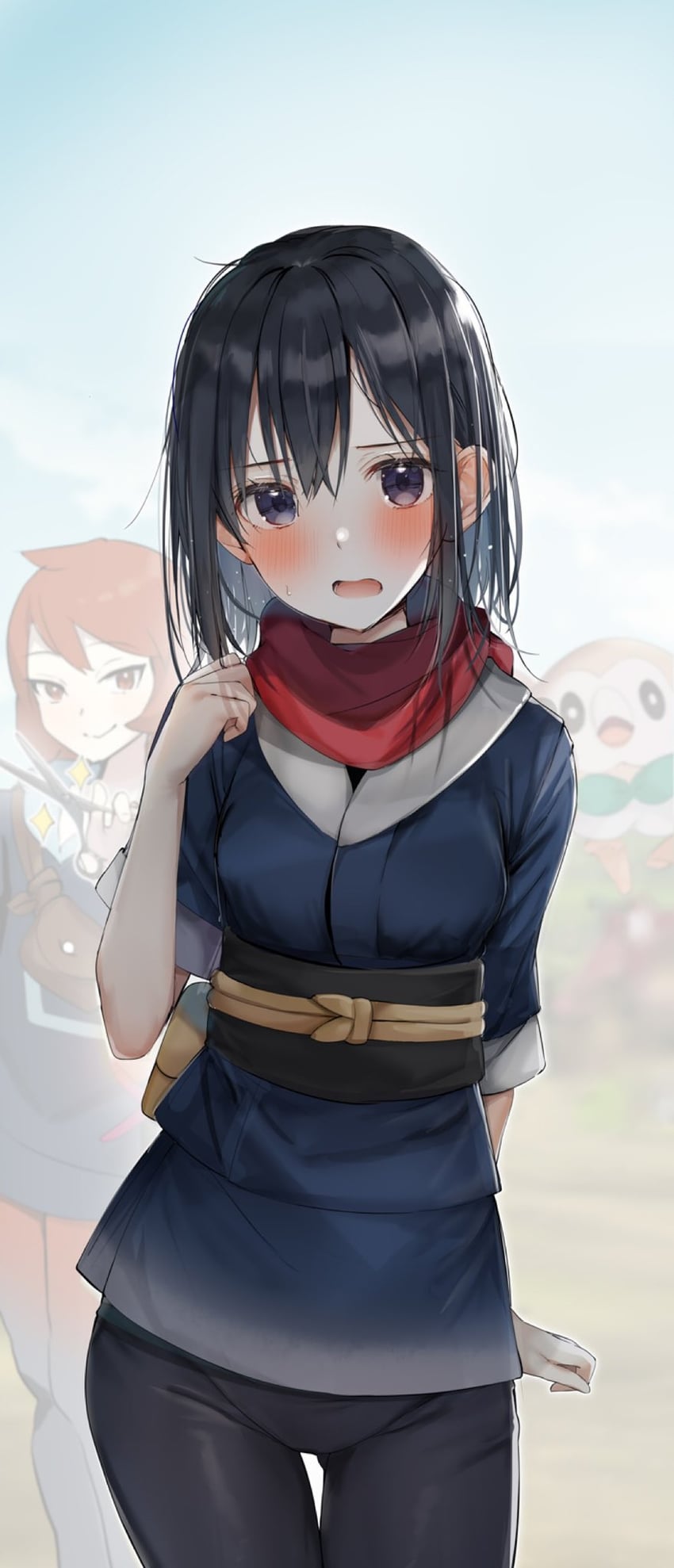 akari, rowlet, and arezu (pokemon and 1 more) drawn by rouka_(akatyann)