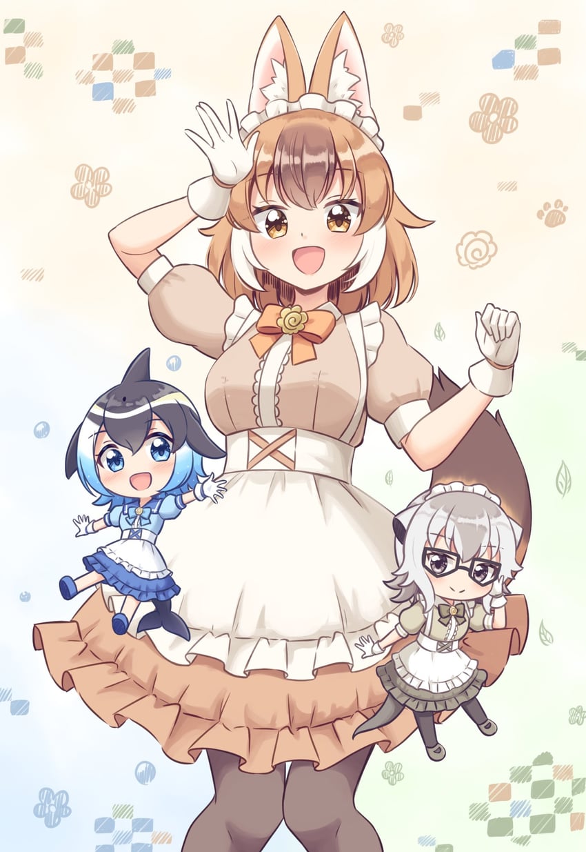 dhole, common dolphin, and meerkat (kemono friends) drawn by shiraha_maru